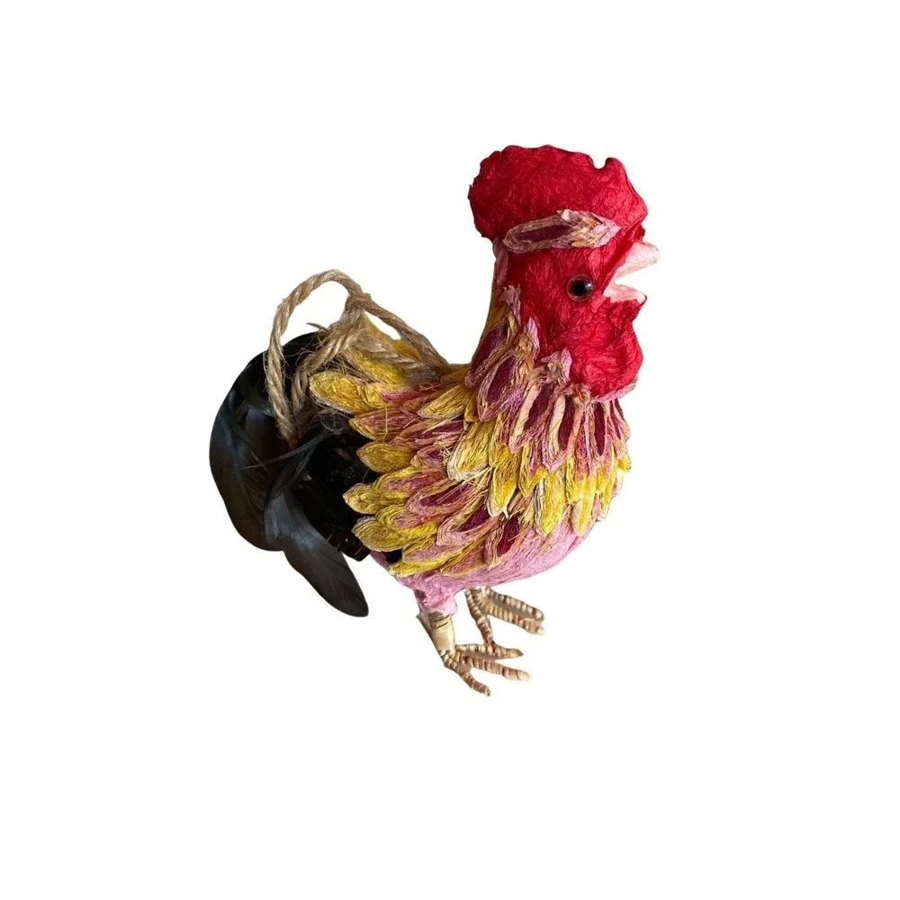 Silvestri Rooster Ornament Pink Yellow Handcrafted Paper Feather Folk Art Decor